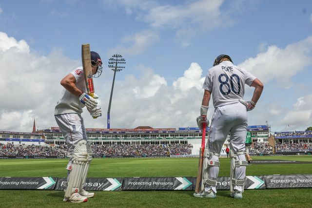 Harry Brook of England and Ollie Pope of England head out to bat on day 5 during the 2nd Rothesay Test Match day 5 England v India at Edgbaston, Birmingham, United Kingdom, 6th July 2025

(Photo by Mark Cosgrove/News Images)