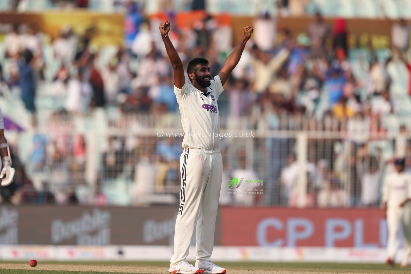 Jasprit Bumrah of India took wicket of Keshav Maharaj Of South Africa and celebrates during the IDFC First Bank Test match day 1 India vs South Africa at Eden Gardens, Kolkata, India, 14th November 2025

(Photo by Shubhajit Roy Karmakar/News Images)