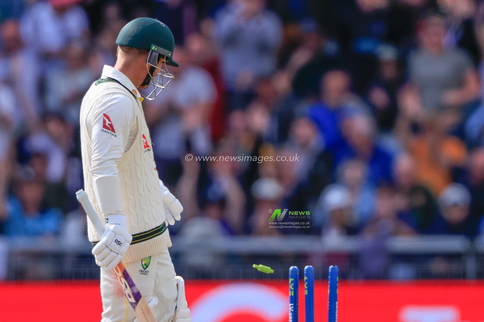 David Warner of Australia is bowled out by Chris Woakes of England during the LV= Insurance Ashes Fourth Test Series Day Three Test Series match England vs Australia at Old Trafford, Manchester, United Kingdom, 21st July 2023

(Photo by Conor Molloy/News Images)