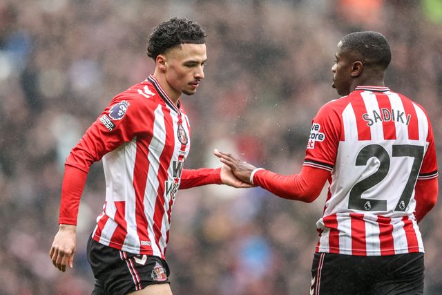 Chemsdine Talbi of Sunderland shakes hands with Noah Sadiki of Sunderland during the Premier League match Sunderland vs Manchester United at Stadium Of Light, Sunderland, United Kingdom on 09 May 2026

(Photo by Alfie Cosgrove/News Images)