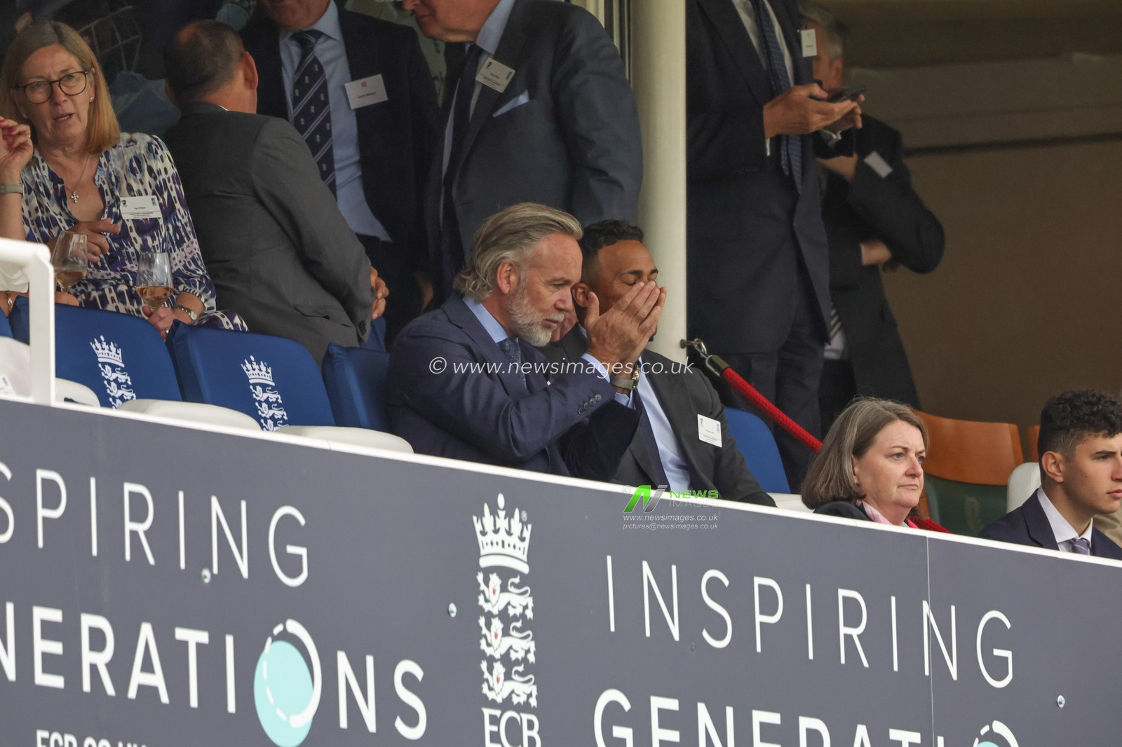 Jermaine Jenas and celeb chef Marcus Wareing watch the game during the LV= Insurance Ashes Test Series Second Test Day 3 England v Australia at Lords, London, United Kingdom, 30th June 2023

(Photo by Mark Cosgrove/News Images)