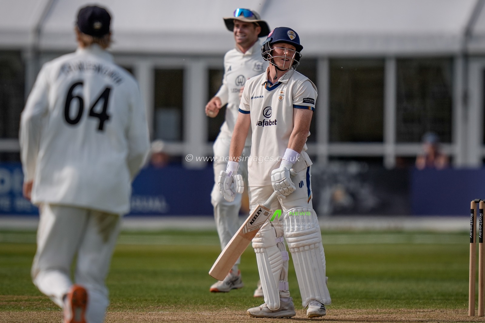 Harry Came is given out LBW off the bowling of Gabe Bell during the County Championship Division Two Derbyshire v Gloucestershire at The Central Co-Op County Ground, Derby, United Kingdom on 26 April 2026

(Photo by Maynard Manyowa/News Images)