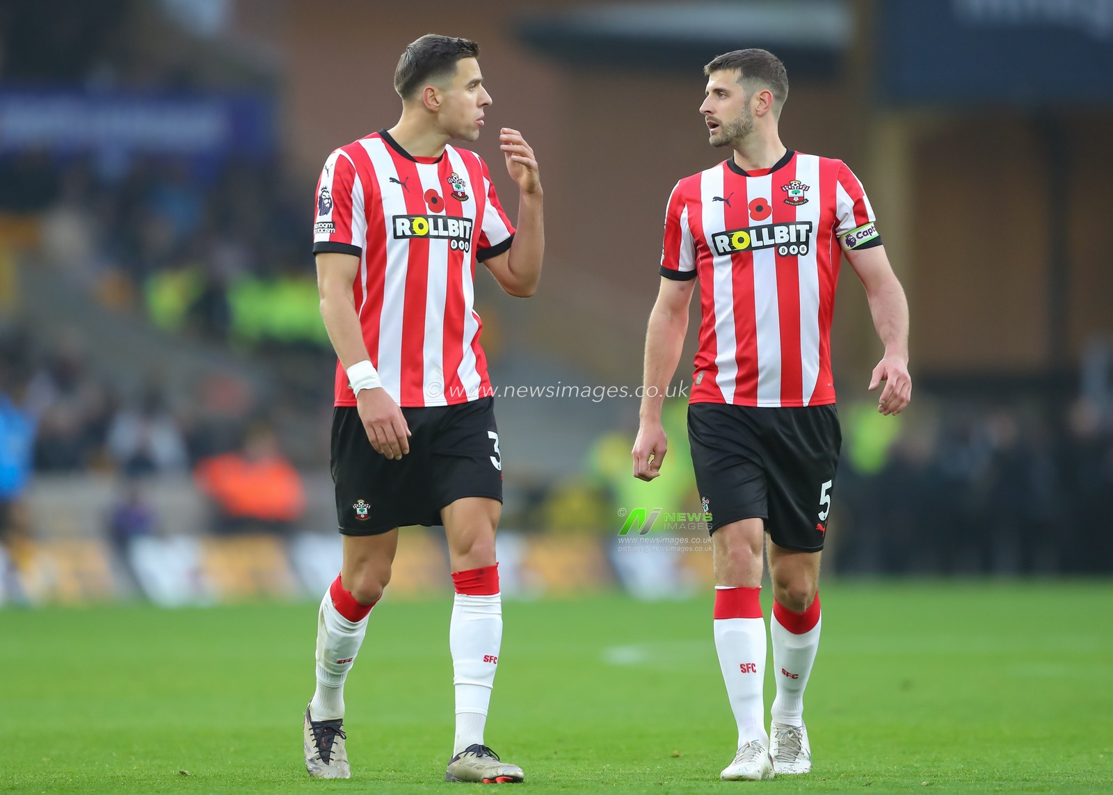 Jan Bednarek of Southampton (left) and Jack Stephens of Southampton (right) speak during the Premier League match Wolverhampton Wanderers vs Southampton at Molineux, Wolverhampton, United Kingdom, 9th November 2024

(Photo by Gareth Evans/News Images)