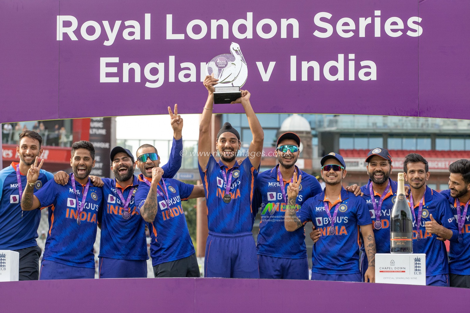 Arshdeep Singh of India and his team mates lift the Royal London One Day Series after beating England 1-2
