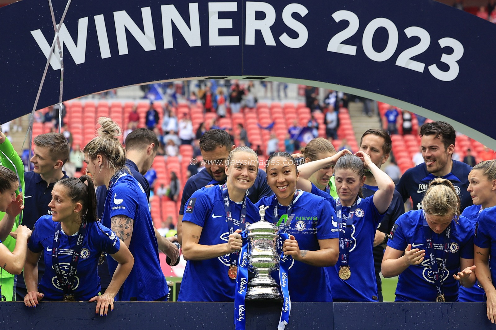 Magdalena Eriksson and Lauren James of Chelsea celebrate with the trophy at the end of the Vitality Women's FA Cup Final match Chelsea FC Women vs Manchester United Women at Wembley Stadium, London, United Kingdom, 14th May 2023

(Photo by Conor Molloy/News Images)