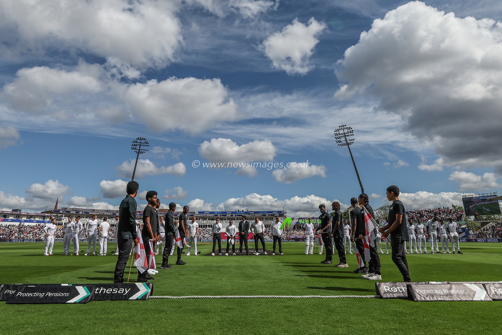 Both teams stand for the national anthems during the 3rd Rothesay Test Match Day One match England vs West Indies at Edgbaston, Birmingham, United Kingdom, 26th July 2024

(Photo by Mark Cosgrove/News Images)