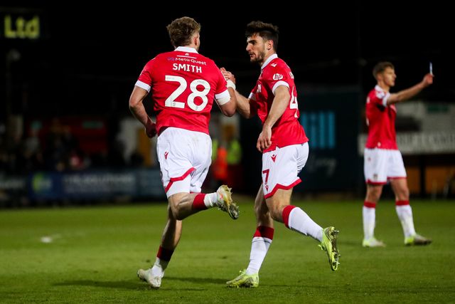 Sam Smith of Wrexham AFC celebrates his goal with Ryan Longman to make it 2-2 during the Sky Bet League 1 match Cambridge United vs Wrexham at Abbey Stadium, Cambridge, United Kingdom, 1st April 2025

(Photo by Izzy Poles/News Images)