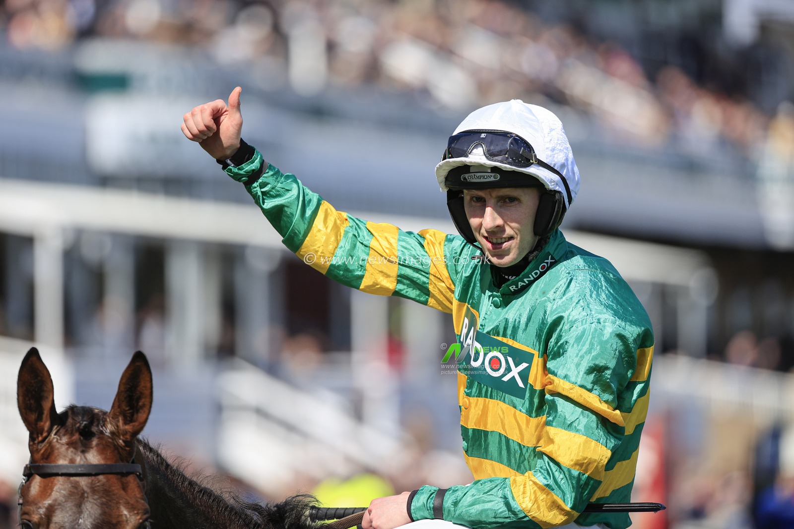 Mark Walsh celebrates winning The Jewson Anniversary 4-Y-O Juvenile Novices' Hurdle on Zenta during the Randox Grand National festival 2023 Opening Day at Aintree Racecourse, Liverpool, United Kingdom, 13th April 2023

(Photo by Conor Molloy/News Images)