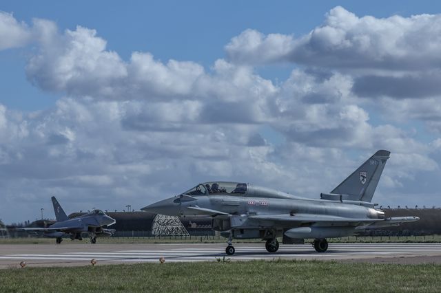 A RAF Eurofighter Typhoon FGR Mk4 taxies back to the pan during a flight training day at RAF Coningsby, Coningsby, United Kingdom, 22nd September 2025

(Photo by Mark Cosgrove/News Images)
