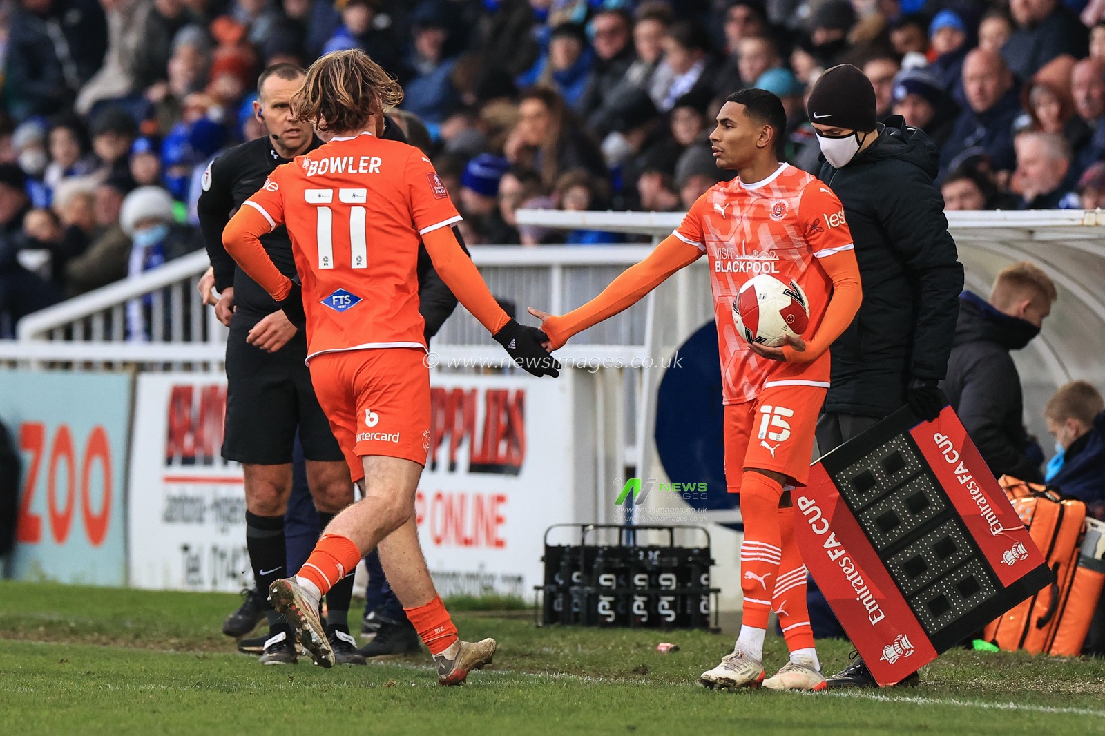 Demetri Mitchell #15 of Blackpool comes on for Josh Bowler #11 of Blackpool