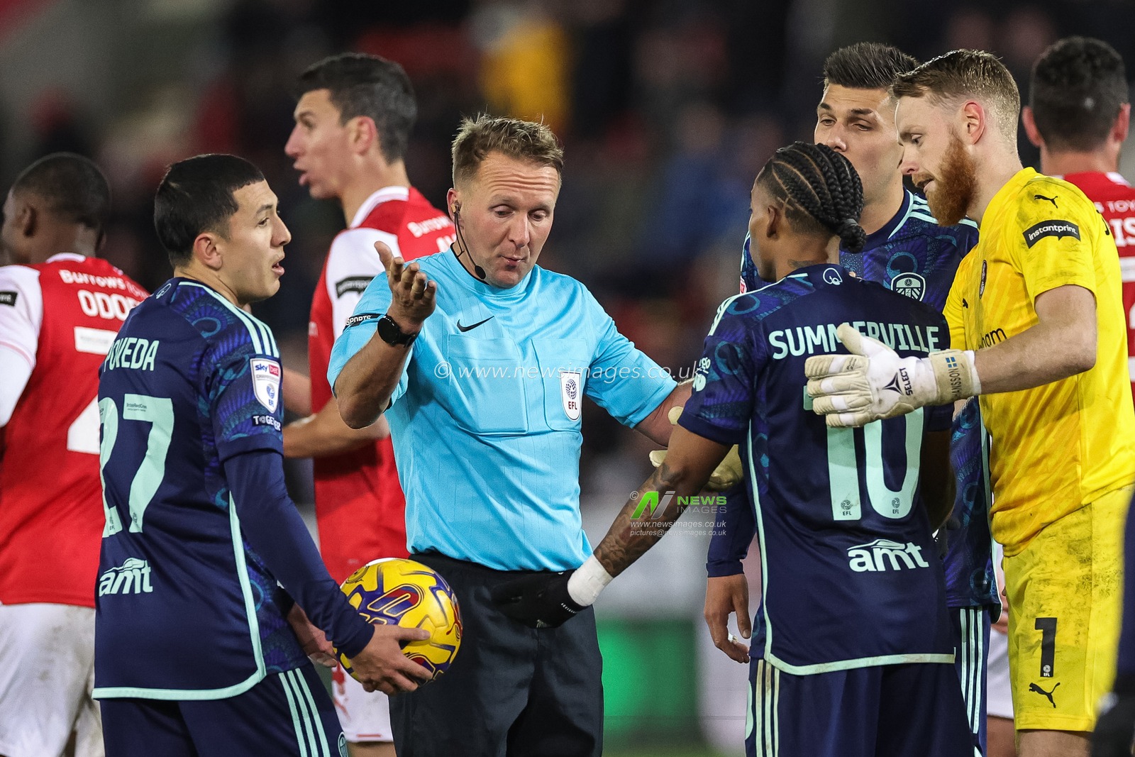 Referee Oliver Langford explosions to Crysencio Summerville #10 of Leeds United the goal was offside during the Sky Bet Championship match Rotherham United vs Leeds United at New York Stadium, Rotherham, United Kingdom, 24th November 2023

(Photo by Mark Cosgrove/News Images)