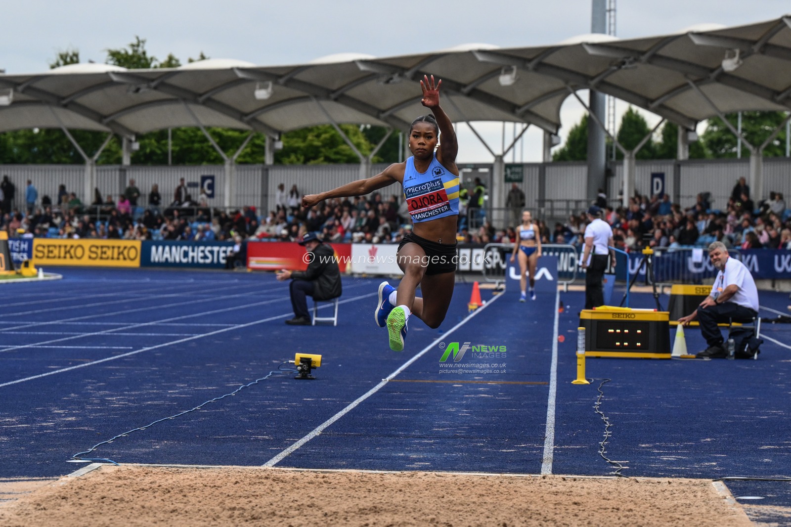 Ojora in the womenâ€™s triple jump final during the Microplus UK Athletics Championships Day 1 at Manchester Regional Arena, Manchester, United Kingdom, 29th June 2024

(Photo by Craig Thomas/News Images)