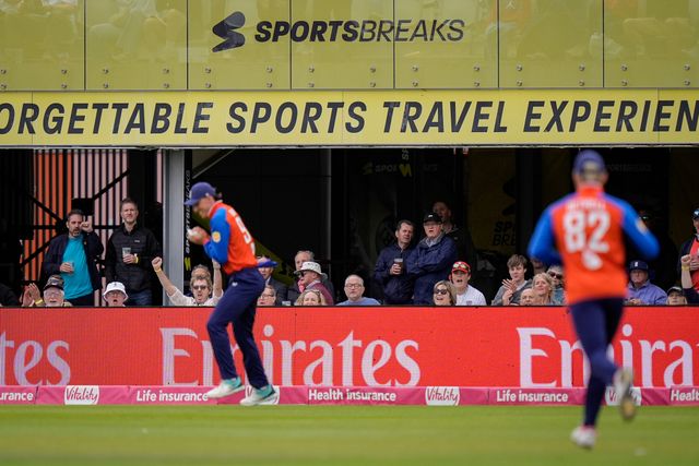 Abhishek Sharma of India is caught in the deep by Tom Banton of England off the bowling of Sam Curran of England during the Second Vitality T20 International match England vs India at Old Trafford, Manchester, United Kingdom on 04 July 2026

(Photo by Maynard Manyowa/News Images)