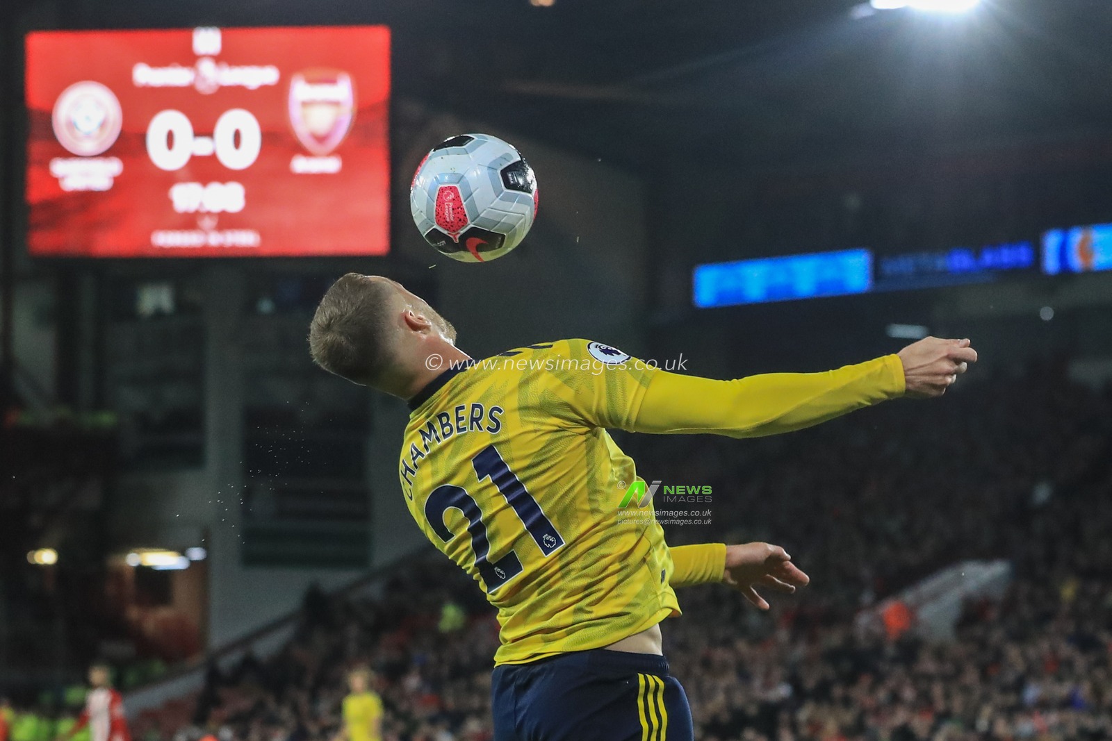 21st October 2019, Bramall Lane, Sheffield, England; Premier League, Sheffield United v Arsenal : Calum Chambers (21) of Arsenal controls the ball inside Sheffields area 

Credit: Mark Cosgrove/News Images