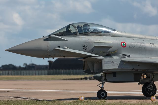 An Italian Air Force Eurofighter Typhoon FGR Mk4 taxies back to the pan during a flight training day at RAF Coningsby, Coningsby, United Kingdom, 22nd September 2025

(Photo by Mark Cosgrove/News Images)