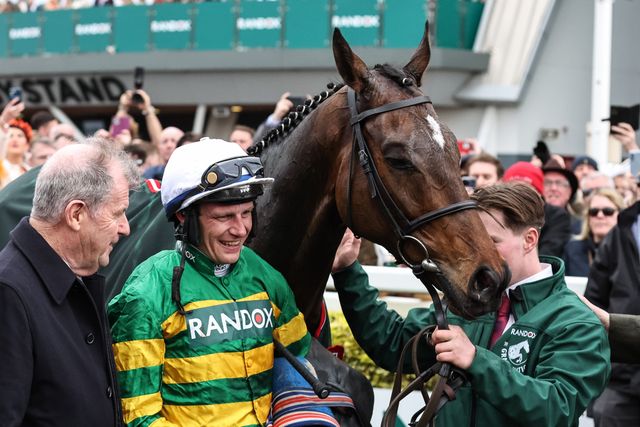 Paul Townend in the winners enclosure after winning the 16:00 Randox Grand National Handicap Chase on I Am Maximus during the Randox Grand National Day 2024 at Aintree Racecourse, Liverpool, United Kingdom, 13th April 2024

(Photo by Mark Cosgrove/News Images)