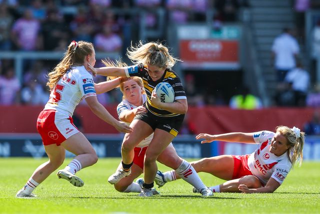 Eboni Partington of York breaks with the ball during the Betfred Women's Challenge Cup Semi-final match St Helens vs York City Knights at Totally Wicked Stadium, St Helens, United Kingdom, 11th May 2025

(Photo by Gareth Evans/News Images)