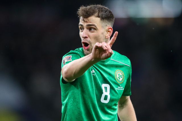Jayson Molumby of Republic of Ireland gives team mates instruction during the UEFA Nations League, League B - Group 2 match England vs Republic of Ireland at Wembley Stadium, London, United Kingdom, 17th November 2024

(Photo by Gareth Evans/News Images)