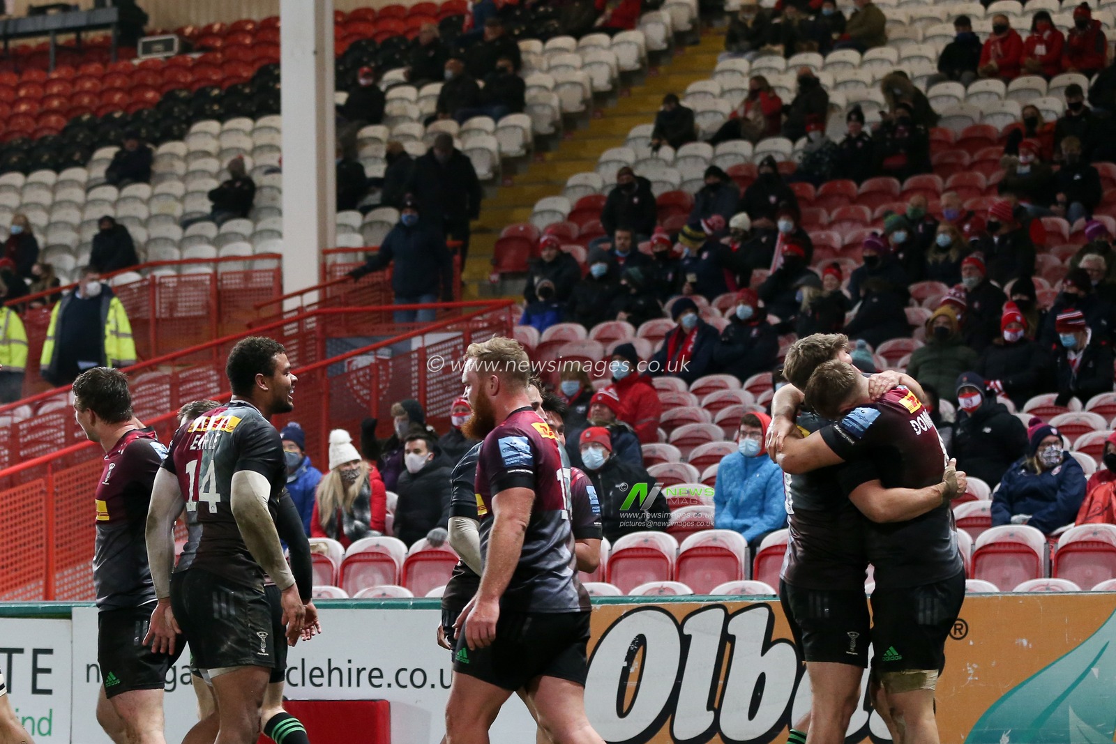 Alex Dombrandt #8 of Harlequins celebrates his try