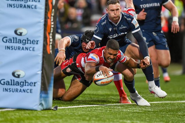 Ben Loader of Gloucester Rugby scores Gloucesters first try during the Gallagher Premiership match Gloucester vs Sale Sharks at Kingsholm Stadium, Gloucester, United Kingdom on 08 May 2026

(Photo by Alex Williamson/News Images)