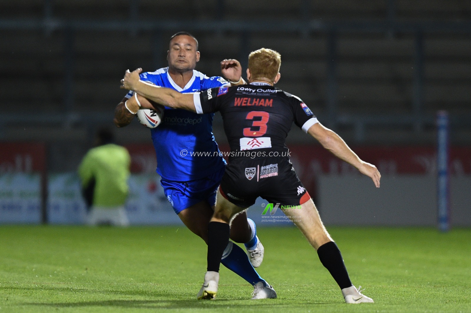 13th September 2019 ,  AJ Bell Stadium, Salford, England ;  Betfred Super League Rugby, Round 29, Salford Red Devils vs Hull KR ; Weller Hauraki (13) of Hull KR is tackled by Kris Welham (3) of Salford Red Devils  

Credit: Richard Long/News Images