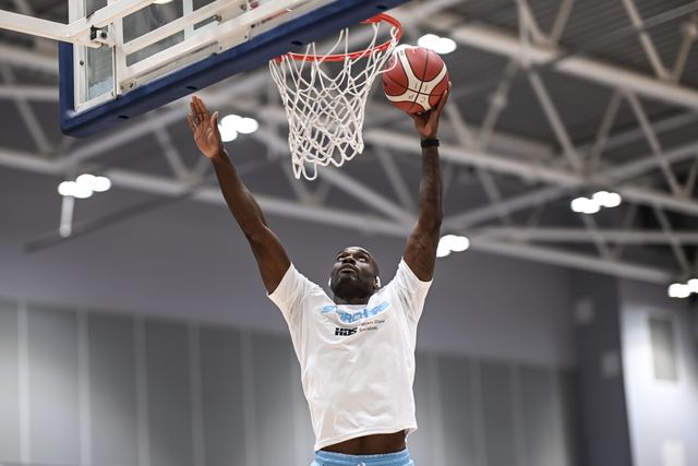 Tayo Ogedengbe of Surrey Scorchers during pre match warm ups ahead of the British Basketball Championship match Cheshire Phoenix vs Surrey Scorchers at Ellesmere Port Sports Village, Ellesmere Port, United Kingdom, 19th November 2023

(Photo by Craig Thomas/News Images)