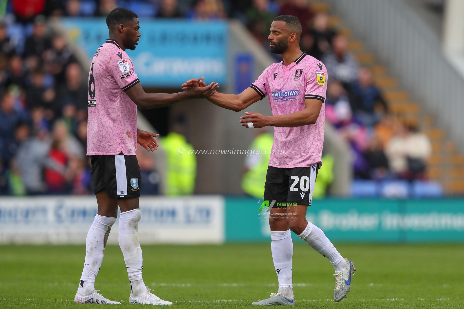 Michael Ihiekwe #20 of Sheffield Wednesday high fives Dominic Iorfa #6 of Sheffield Wednesday during the Sky Bet League 1 match Shrewsbury Town vs Sheffield Wednesday at Greenhous Meadow, Shrewsbury, United Kingdom, 29th April 2023

(Photo by Gareth Evans/News Images)