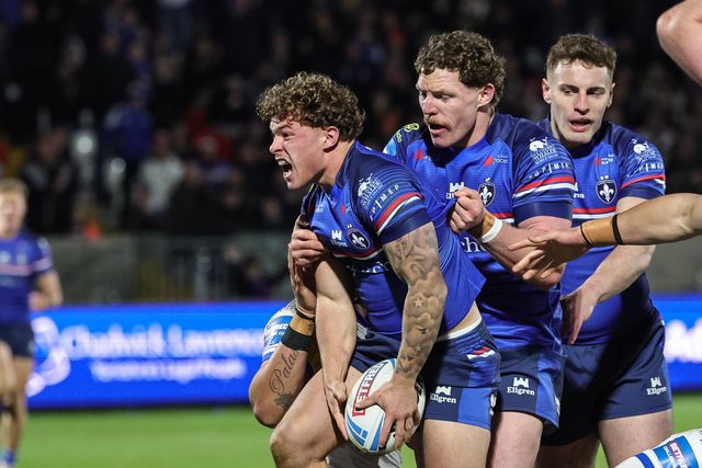 Harvey Smith of Wakefield Trinity celebrates his try with team mates during the Betfred Challenge Cup round 4 match Wakefield Trinity vs Leeds Rhinos at DIY Kitchens Stadium, Wakefield, United Kingdom on 13 March 2026

(Photo by Mark Cosgrove/News Images)