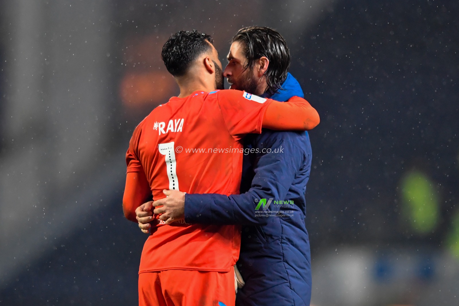 27th November 2019, Ewood Park, Blackburn, England; Sky Bet Championship, Blackburn Rovers v Brentford : Ex Blackburn Rovers player, David Raya (1) now of Brentford, hugs Danny Graham (10) of Blackburn Rovers after the final whistle

Credit: Simon Whitehead/News Images