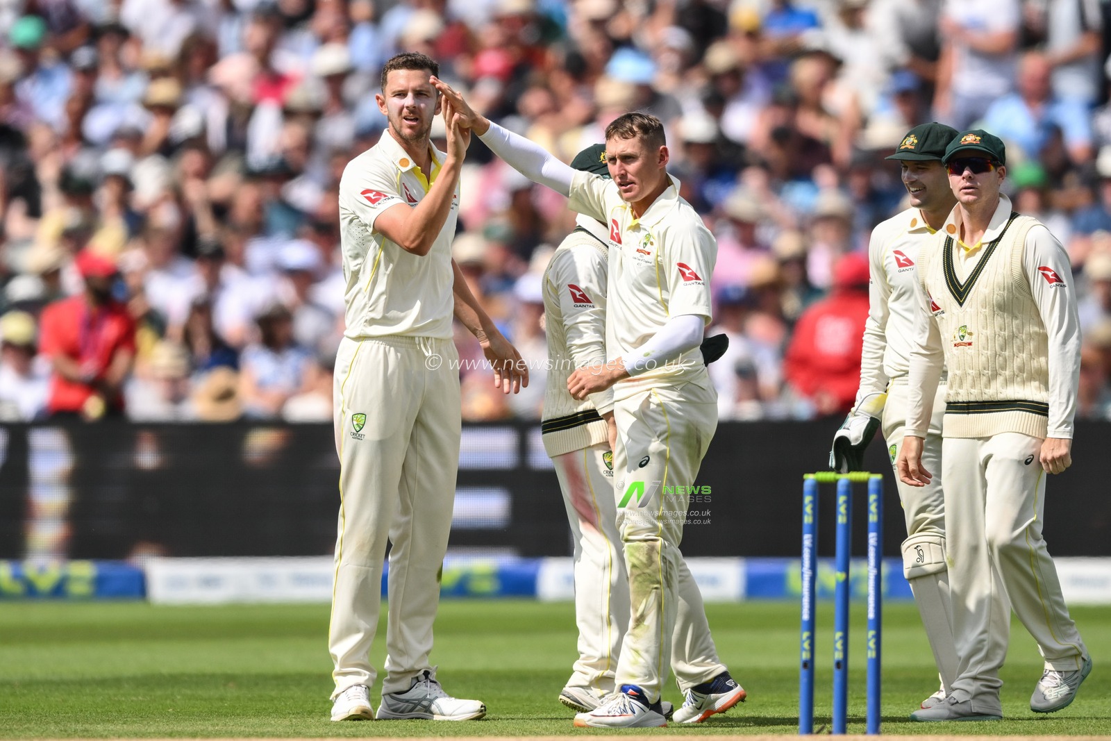 Australia celebrate the wicket of Moeen Ali of England during the LV= Insurance Ashes Test Series Day 4 match England vs Australia at Edgbaston, Birmingham, United Kingdom, 19th June 2023

(Photo by Craig Thomas/News Images)