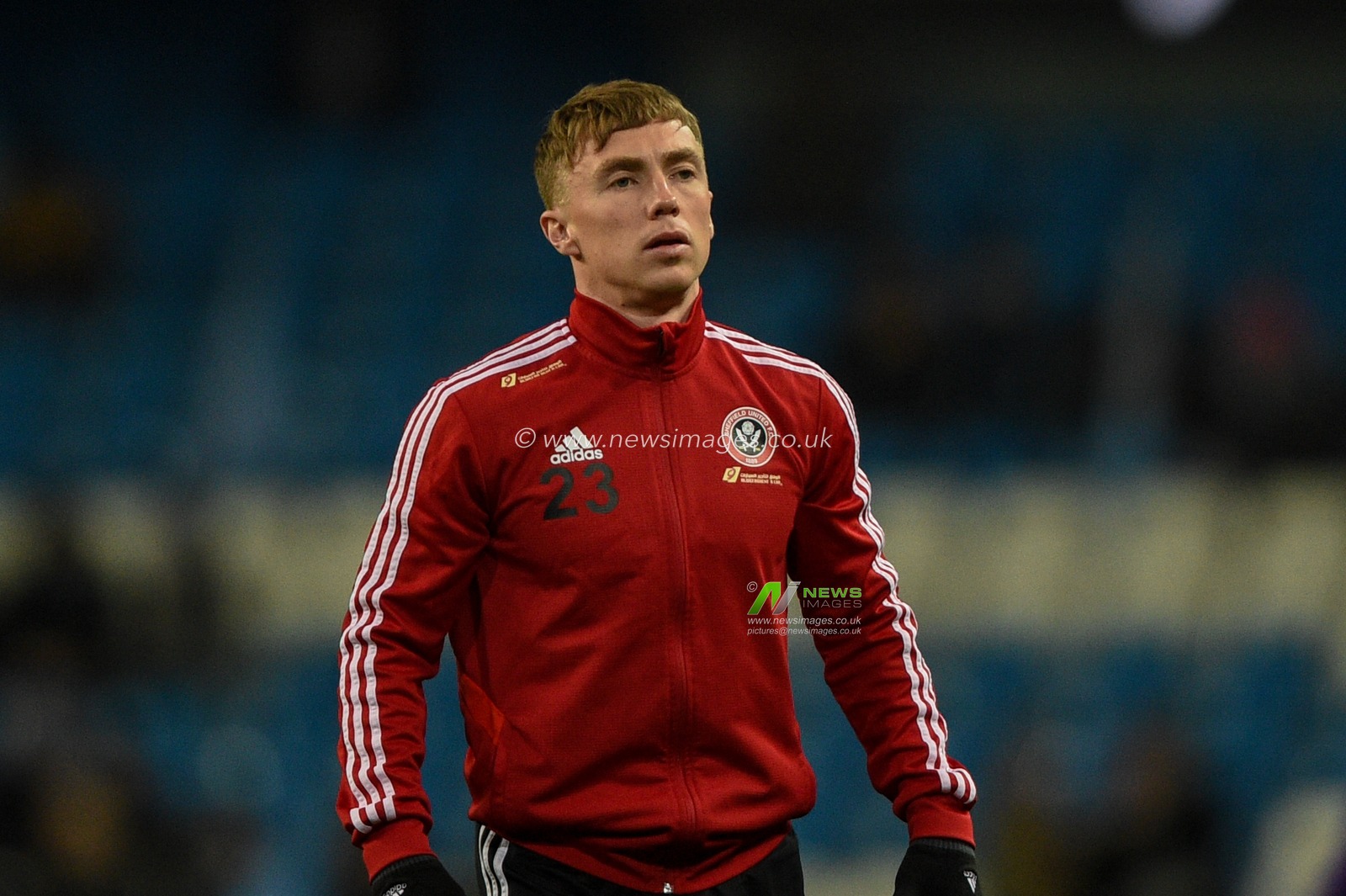 29th December 2019, Etihad Stadium, Manchester, England; Premier League, Manchester City v Sheffield United : Ben Osborn (23) of Sheffield United during the pre match warm up.

Credit: Richard Long/News Images