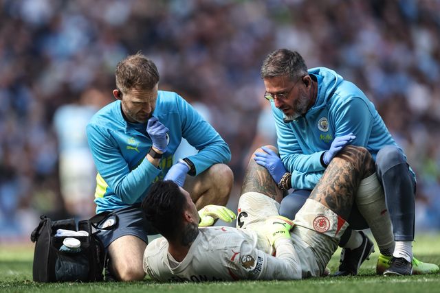 Ederson of Manchester City lays injured before been substituted during the Premier League match Manchester City vs Crystal Palace at Etihad Stadium, Manchester, United Kingdom, 12th April 2025

(Photo by Mark Cosgrove/News Images)