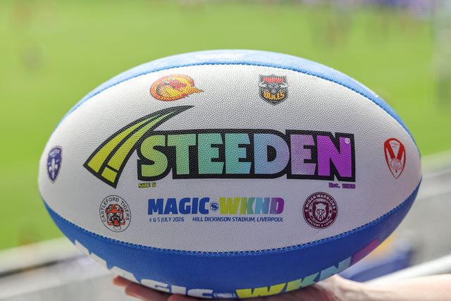 Magic Weekend Steeden match ball misprint with Leeds Rhinos logo missing during the Betfred Super League Magic Weekend match Leeds Rhinos vs Bradford Bulls at Hill Dickinson Stadium, Liverpool, United Kingdom on 05 July 2026

(Photo by Mark Cosgrove/News Images)