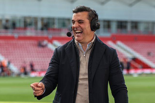 Brian Carney of Sky Sports full of laughter during a break in broadcasting at the Betfred Super League Round 26 match Leigh Leopards vs St Helens at Leigh Sports Village, Leigh, United Kingdom, 12th September 2025

(Photo by Mark Cosgrove/News Images)