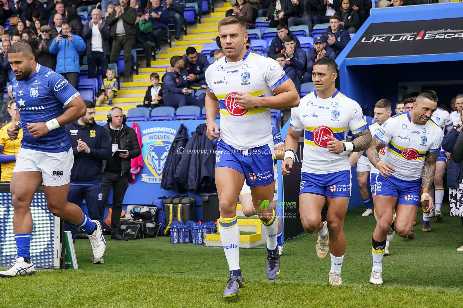 Matty Russell #34 of Warrington Wolves runs out during the Betfred Super League Round 7 match Warrington Wolves vs Hull FC at Halliwell Jones Stadium, Warrington, United Kingdom, 1st April 2023

(Photo by Steve Flynn/News Images)