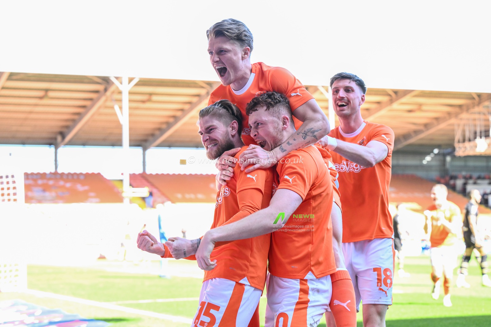 Hayden Coulson of Blackpool celebrates his goal to make it  3-0 during the Sky Bet League 1 match Blackpool vs Barnsley at Bloomfield Road, Blackpool, United Kingdom, 20th April 2024

(Photo by Craig Thomas/News Images)
