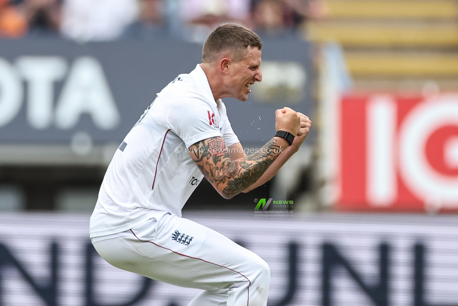 Brydon Carse of England celebrates the wicket of Karun Nair of India during the 2nd Rothesay Test Match day 4 England v India at Edgbaston, Birmingham, United Kingdom, 5th July 2025

(Photo by Mark Cosgrove/News Images)