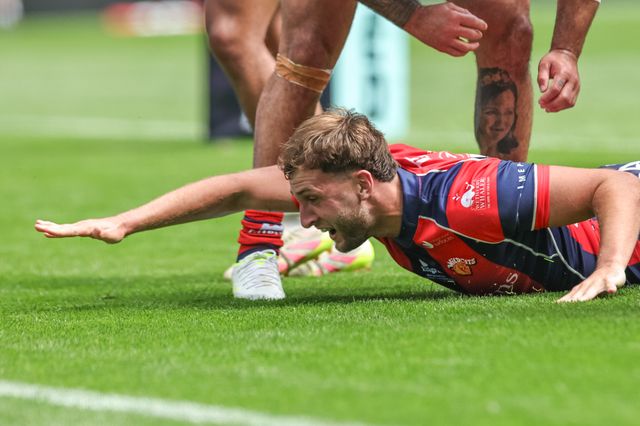 Josh Rourke of Wakefield Trinity celebrates his try during the Betfred Super League Magic Weekend match Wakefield Trinity vs Castleford Tigers at Hill Dickinson Stadium, Liverpool, United Kingdom on 05 July 2026

(Photo by Mark Cosgrove/News Images)