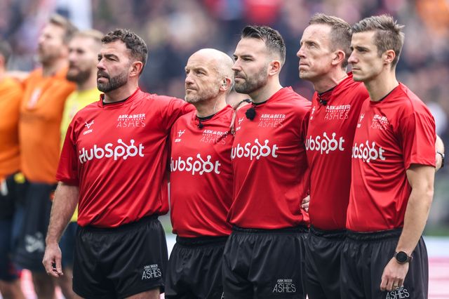 The match officials stand for the English national anthem during the The Ashes Series 2025 England vs Australia at Wembley Stadium, London, United Kingdom, 25th October 2025

(Photo by Alfie Cosgrove/News Images)