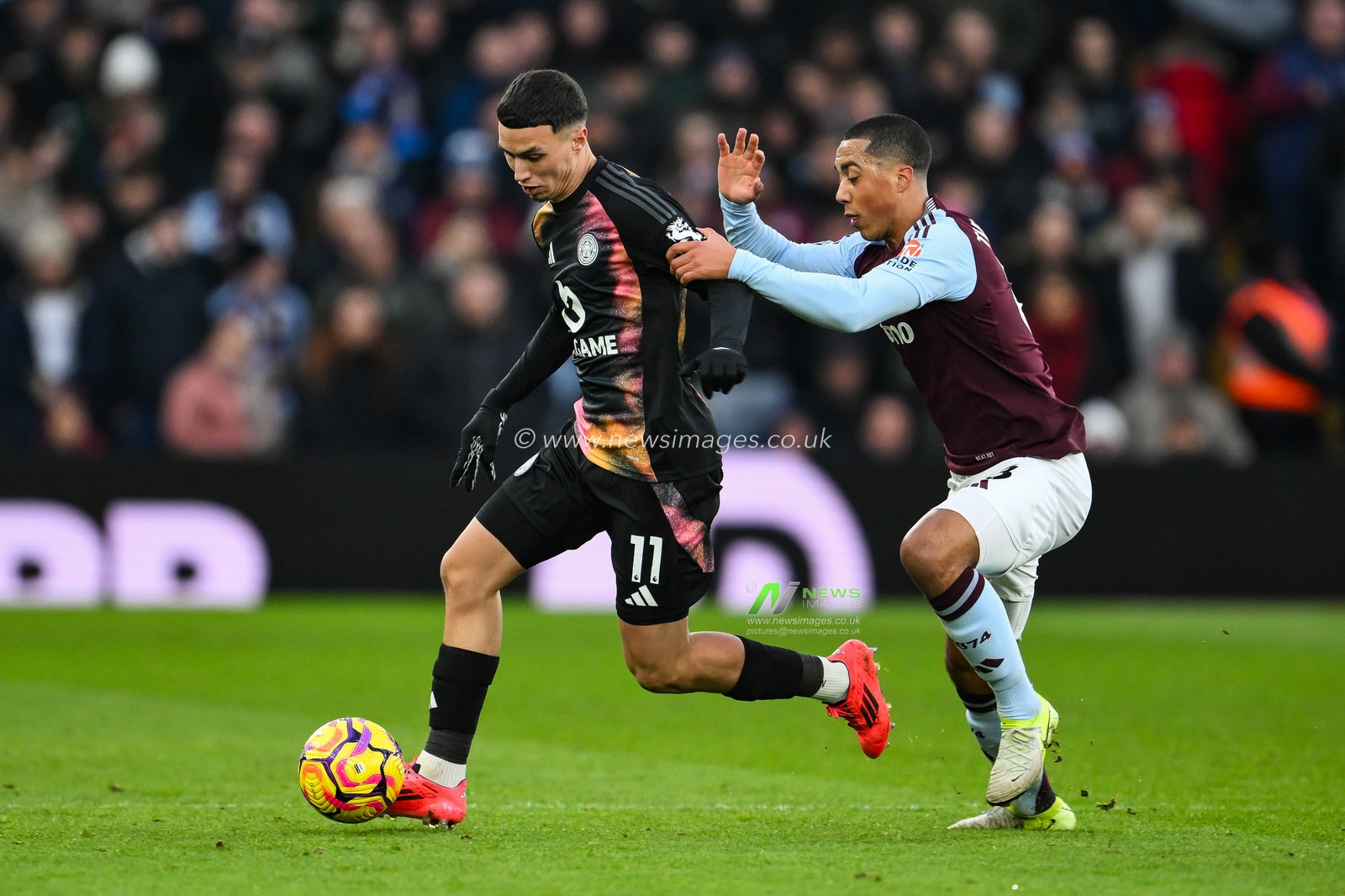 Bilal El Khannouss of Leicester City holds off Youri Tielemans of Aston Villa during the Premier League match Aston Villa vs Leicester City at Villa Park, Birmingham, United Kingdom, 4th January 2025

(Photo by Craig Thomas/News Images)