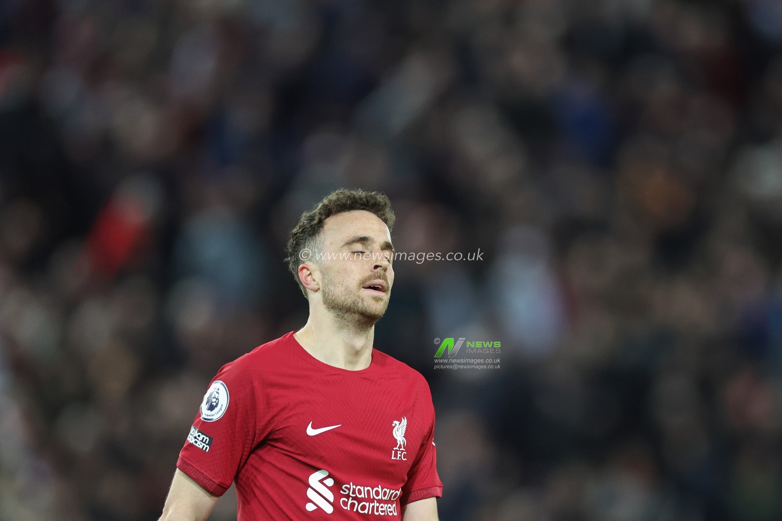 Diogo Jota #20 of Liverpool reacts during the Premier League match Liverpool vs Fulham at Anfield, Liverpool, United Kingdom, 3rd May 2023

(Photo by Mark Cosgrove/News Images)