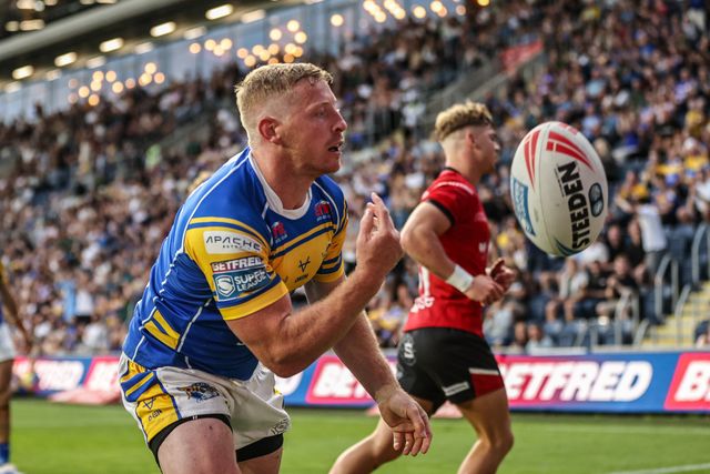 Lachlan Miller of Leeds Rhinos celebrates his try during the Betfred Super League round 19 match Leeds Rhinos vs Salford Red Devils at Headingley Stadium, Leeds, United Kingdom, 18th July 2025

(Photo by Alfie Cosgrove/News Images)