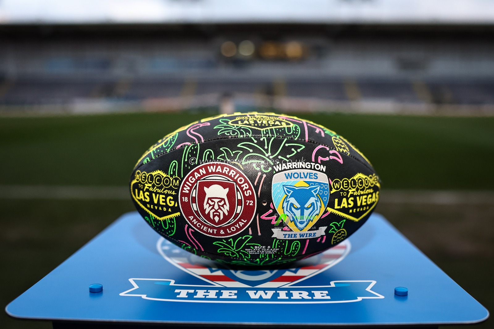 Wigan Warriors and Warrington Wolves Steeden Las Vega match ball is on display during the Betfred Super League Round 2 match Warrington Wolves vs Catalans Dragons at Luke Littler Stadium, Warrington, United Kingdom, 21st February 2025

(Photo by Mark Cosgrove/News Images)