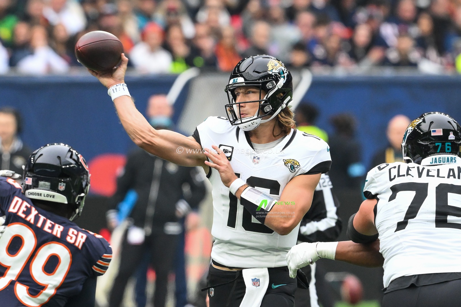 Trevor Lawrence of the Jacksonville Jaguars throws down field during the Week 6 match Chicago Bears vs Jacksonville Jaguars at Tottenham Hotspur Stadium, London, United Kingdom, 13th October 2024

(Photo by Craig Thomas/News Images)