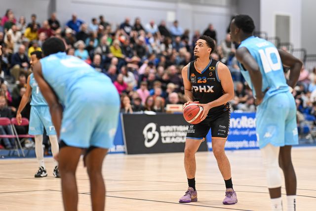 Ethan Chargois of Cheshire Phoenix shoots from the free throw line during the British Basketball Championship match Cheshire Phoenix vs Surrey Scorchers at Ellesmere Port Sports Village, Ellesmere Port, United Kingdom, 19th November 2023

(Photo by Craig Thomas/News Images)