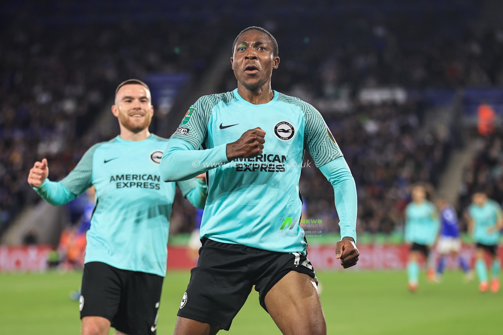 Enock Mwepu #12 of Brighton & Hove Albion celebrates his goal to make it 2-2