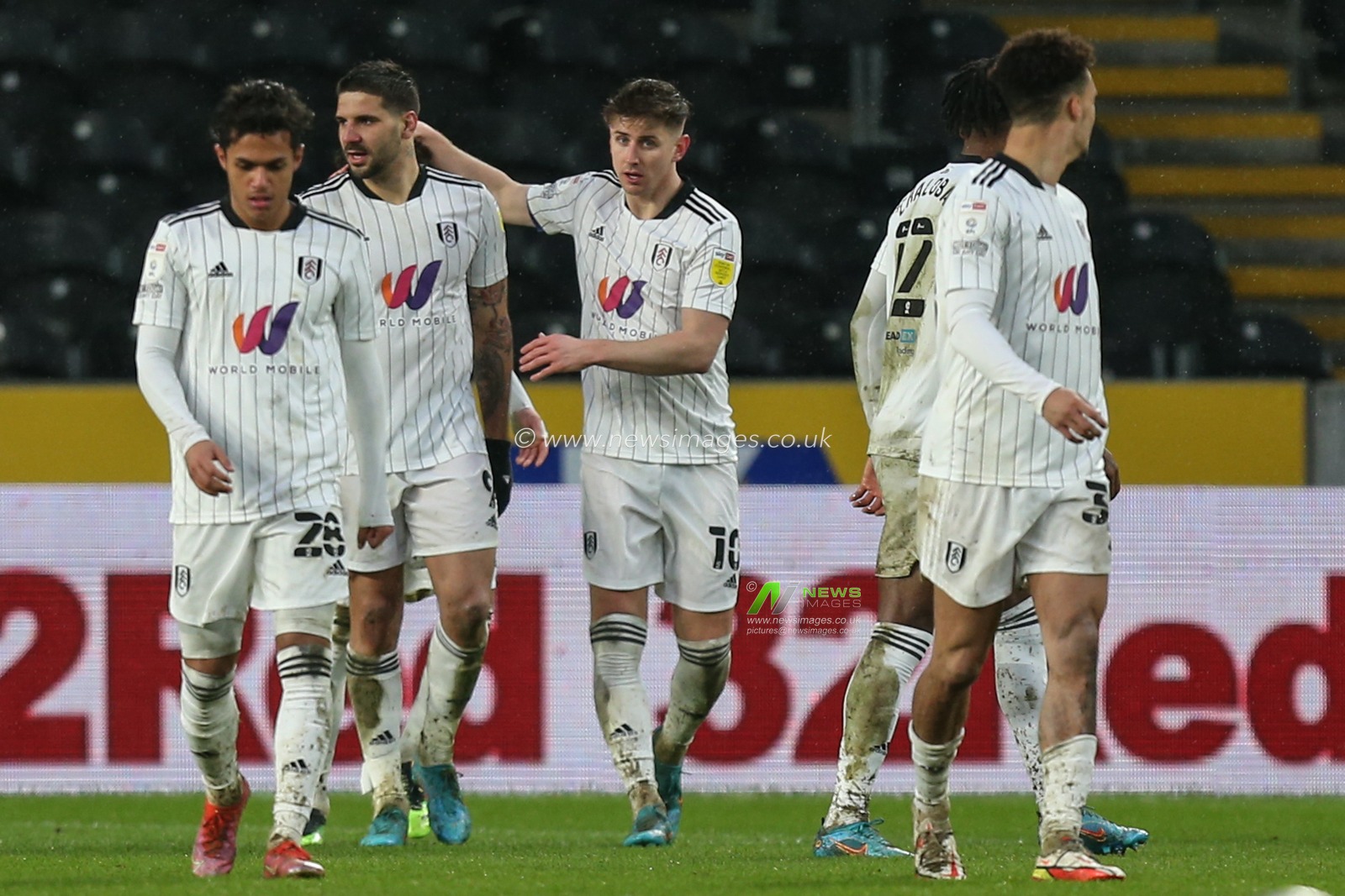 Aleksandar Mitrovic #9 of Fulham iOS congratulated by Tom Cairney #10 captain of Fulham