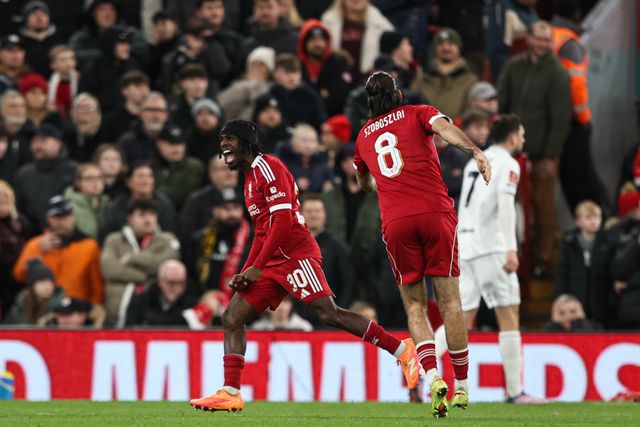 Jeremie Frimpong of Liverpool scores to make it 2-0 during the Emirates FA Cup Third Round match Liverpool vs Barnsley at Anfield, Liverpool, United Kingdom, 12th January 2026

(Photo by Alfie Cosgrove/News Images)