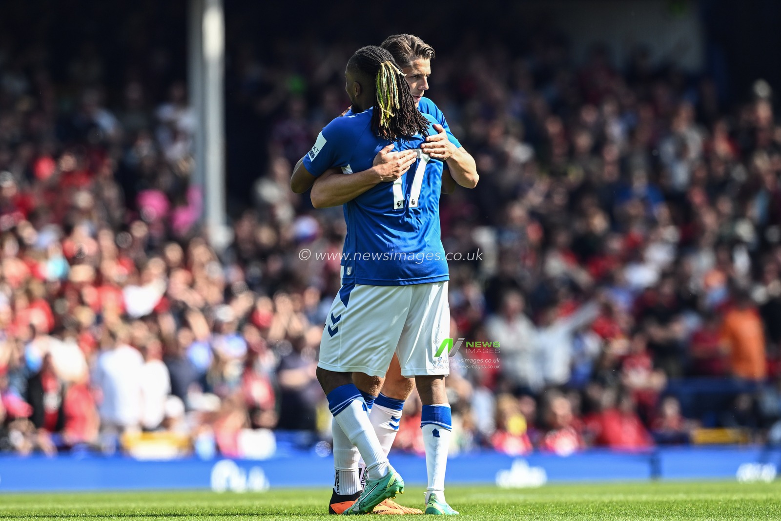 Alex Iwobi #17 of Everton and James Tarkowski #2 of Everton embrace during the Premier League match Everton vs Bournemouth at Goodison Park, Liverpool, United Kingdom, 28th May 2023

(Photo by Craig Thomas/News Images)