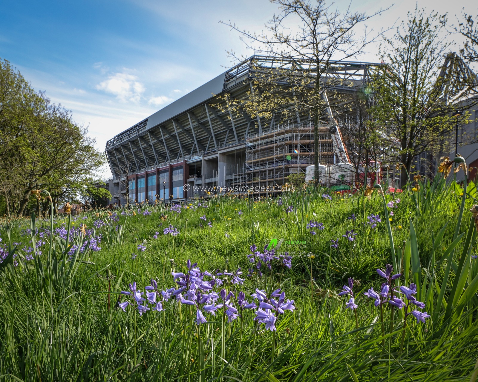 The Anfield Road end new stand from the bluebells of Stanley Park during the Premier League match Liverpool vs Fulham at Anfield, Liverpool, United Kingdom, 3rd May 2023

(Photo by Mark Cosgrove/News Images)